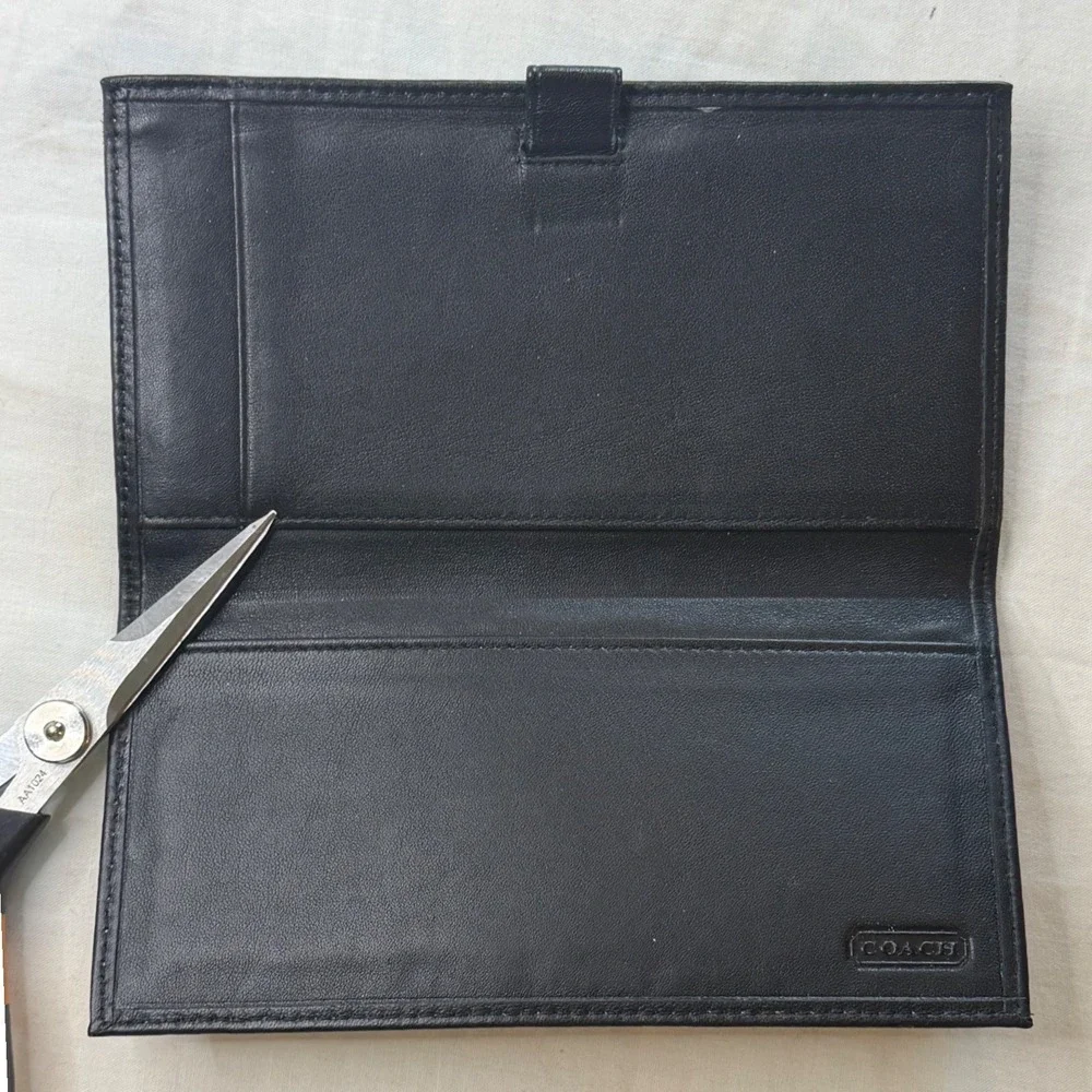 Coach Signature C Monogram Checkbook Cover Black Grey Leather Trim Slim Wallet - Picture 4 of 7